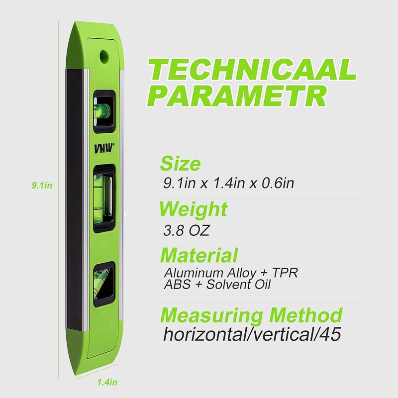 VNW 9 Inch Torpedo Level, Magnetic Bubble Level with 45°/90°/180° Bubble Vials, Shock Resistant Leveler Tool for Measuring (4) - Image 3